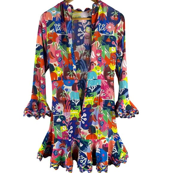 CeliaB Designer Faces & Florals Ruffled‎ Hem Multicolored Mini Dress Size XS - Picture 6 of 12